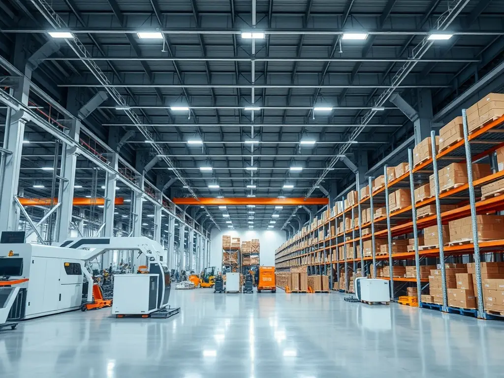 A modern warehouse filled with advanced logistics equipment and technology.