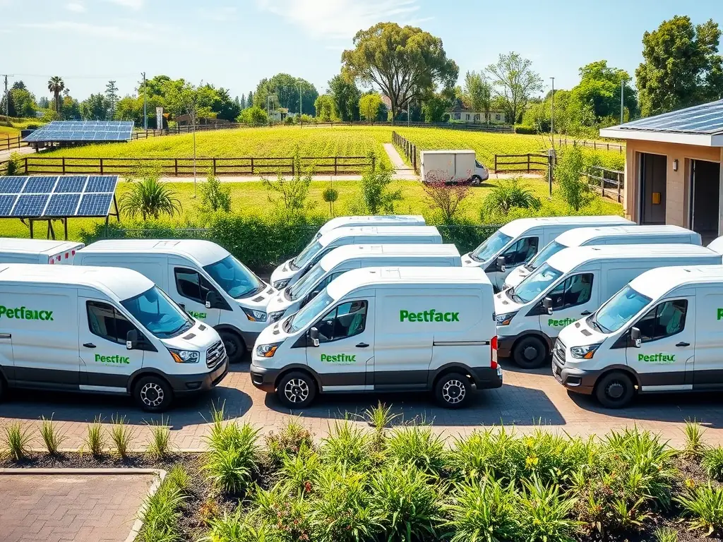 A fleet of electric delivery vehicles parked at a sustainable transport hub.